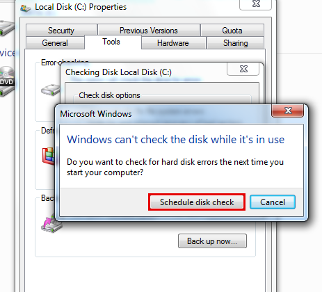 If the drive that you want to check is currently in use and it is your system drive, you will see a dialog box with a warning message. In this case, click Schedule disk check